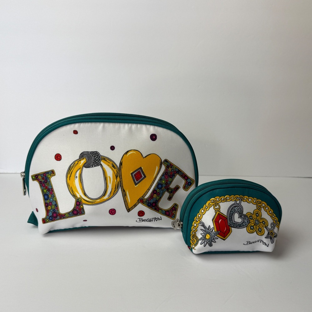 Brighton‎ LOVE Jewelry Print Cosmetic Bag Set Teal White Leopard Lining 2pc